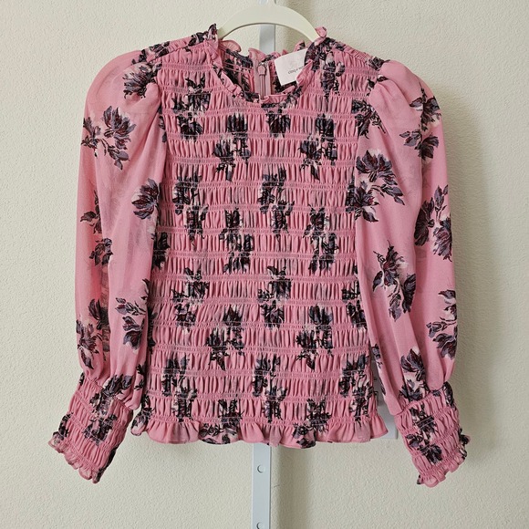 Cinq à Sept Tops - CINQ A SEPT Women's Mirah Smocked Floral Pink Sand Multi Pullover Blouse Sz XS